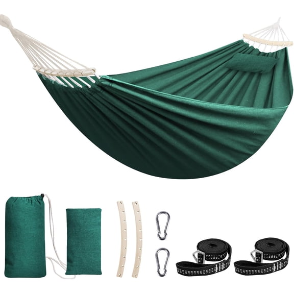 Cotton Hammock Large Soft Breathable Camping Hammock Holds Up to 660lbs Portable Tree Hammock with Detachable Spreader Bar Pillow 2 Strong Webbings 2 Carabiners Patio Garden Indoor Outdoor