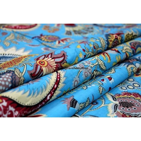Cotton Hand Block Printed Fabric, Cotton Voile Fabric for Sewing,Crafting, Dressmaking, Running Natural Dye Sanganeri Indian Floral Print Fabric by The Yard Width 44 Inches