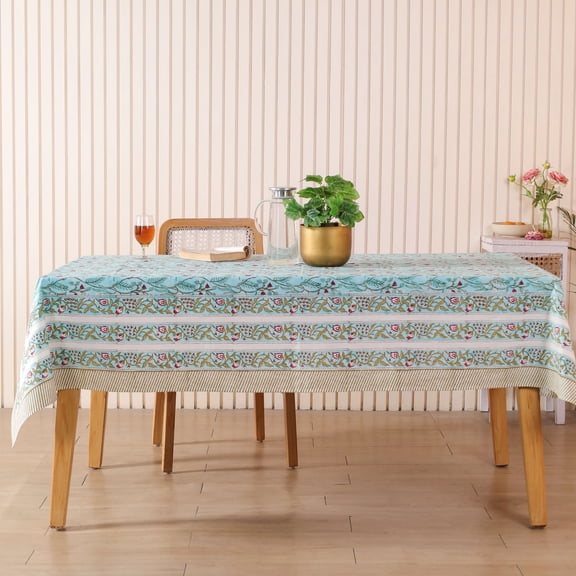 Cotton Hand Block Printed Tablecloth for Dining Table – Morning Sky Champa Leaf Print – Cotton Rectangle Table Cover – Indian Boho Floral Table Linen for Kitchen & Home Décor ( 72x108 Inches)
