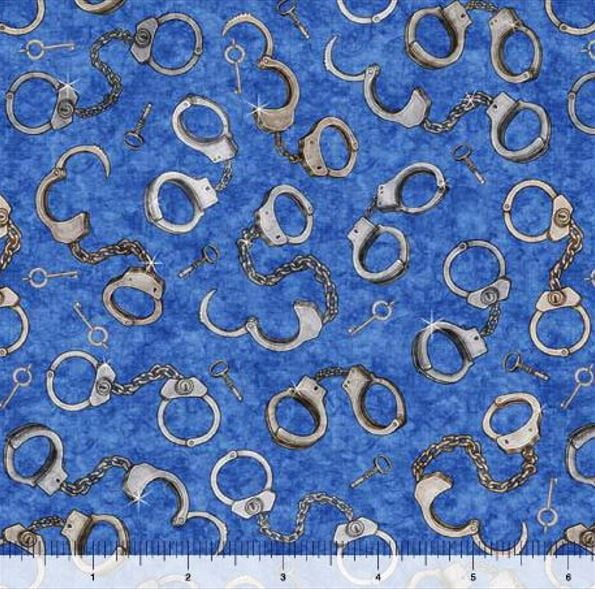 Cotton Hand Cuffs Blue Police Crime True Detective Quilting Treasures Cotton Fabric Print by the Yard (2600-30722-B)