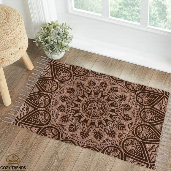 Cotton Hand Woven Printed Mandala Design Traditional Area Rug Rag for Hallway | Kitchen | Living Room | Entryway - 24''x36'' | 2'x3'