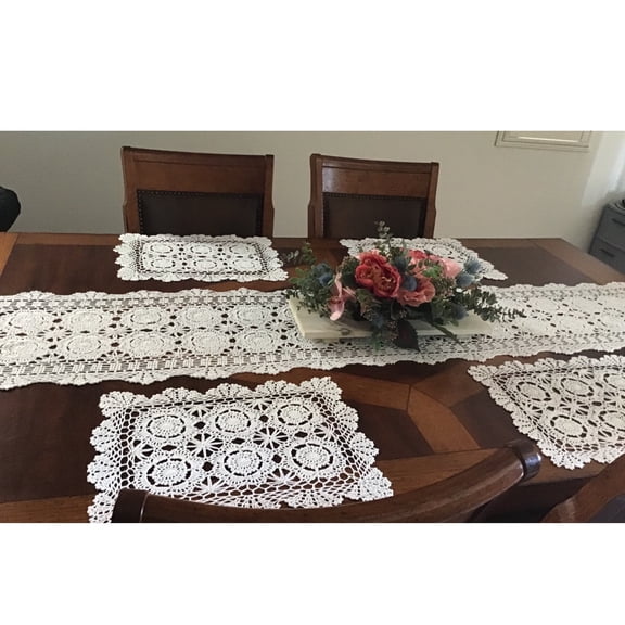 Cotton Handmade Crochet Floral Lace Table Runner, Rectangular Decorative Table Cover