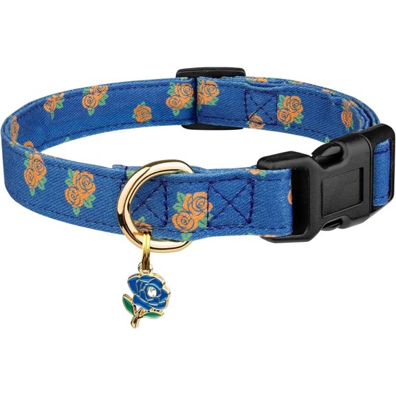 Cotton Handmade Dog Collar Cute and Distinctive Patterns Blue Rose with Pendant for Girl Boy Dogs Collars S