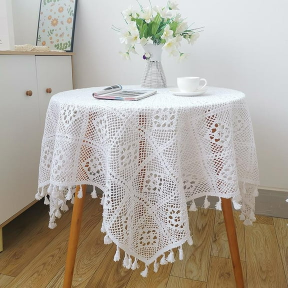 Cotton Handmade Tablecloth with Tassels Hollow Crochet White Tablecloths Lace Doily for Wedding Praty Home Birthday Kitchen Decoration