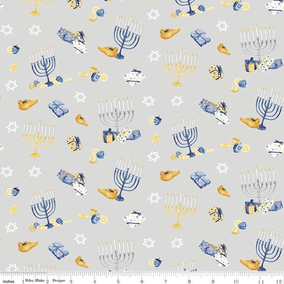 Cotton Hanukkah Nights Riley Blake Grey Festival of Lights Symbols Cotton Fabric Print by the Yard (C13430-Gray)