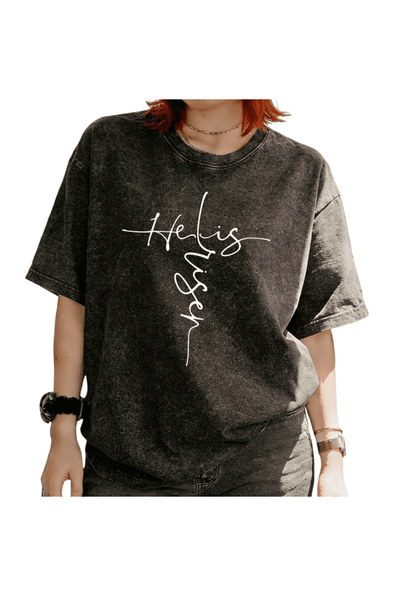 Cotton He Is Risen Cross Script Easter Graphic Relaxed Fit Casual Tees T Shirt Tops Short Sleeve Black S-2XL Plus Size