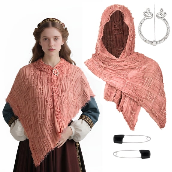 Cotton Head Wrap, Medieval Cloak, Halloween Cape, Nomad Costume Scarf, Hooded Shawl With Viking Brooch | Cowl Scarf Rogue Medieval Cloak Renaissance Costume Cape Accessories, Pink One Size