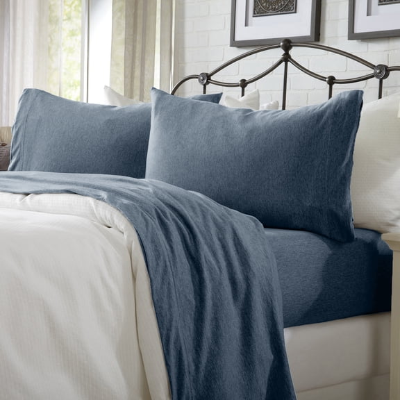 Cotton Heathered Melange Jersey Knit Bed Sheet Set (California King, Navy)