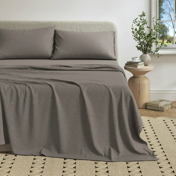 Cotton Heathered Melange Jersey Knit Bed Sheet Set (Full, Heathered Mid Grey)