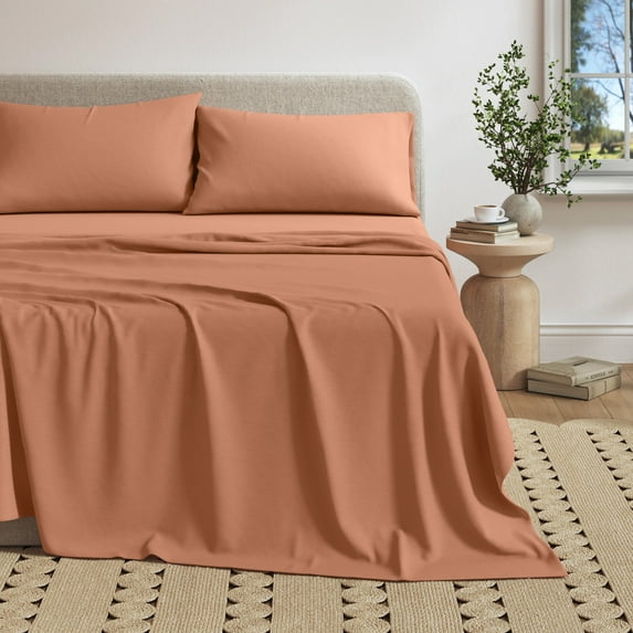 Cotton Heathered Melange Jersey Knit Bed Sheet Set (Queen, Terracotta)