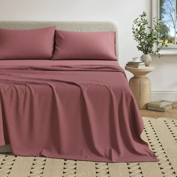 Cotton Heathered Melange Jersey Knit Bed Sheet Set (Twin, Heathered Dusty Rose)