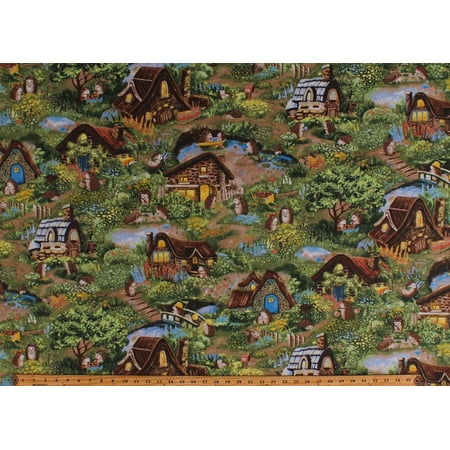 Cotton Hedgehog Village Cute Hedgehogs Houses Cottages Animals Scenic Kids Cotton Fabric Print by the Yard (120-13721)