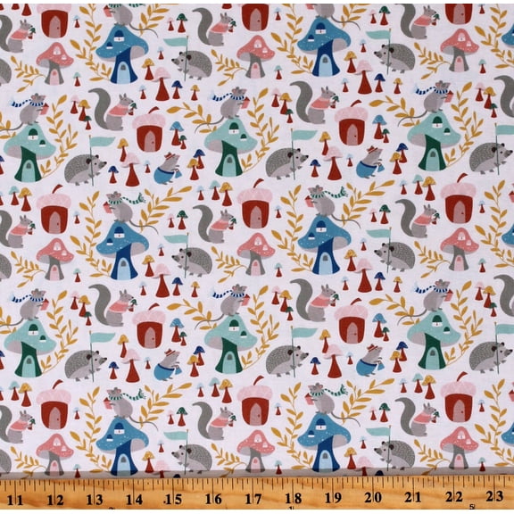 Cotton Hedgehogs Mice Mouse Mushroom Houses Woodland Animals Creatures Woodland Hideaway Tan Cotton Fabric Print by the Yard (WHID-04671-MU)