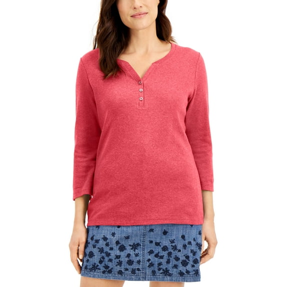 Cotton Henley V-Neck Top Peony Coral XXL