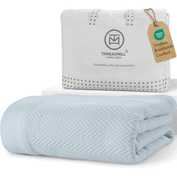 Cotton Herringbone Blanket Queen Size Light Blue