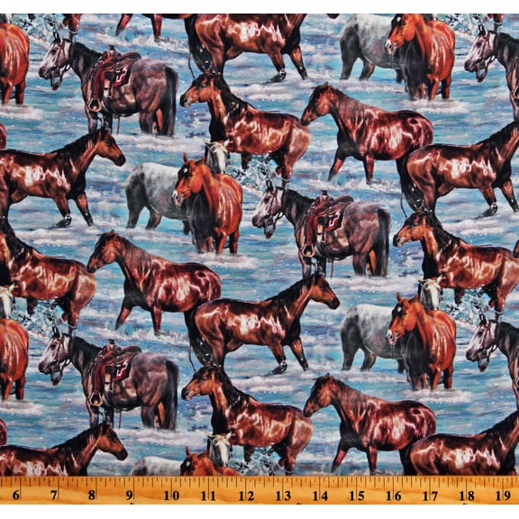 Cotton Hidden Valley Horses Animals Equestrian Water River Blue Cotton Fabric Print by the Yard (DP26978-44)