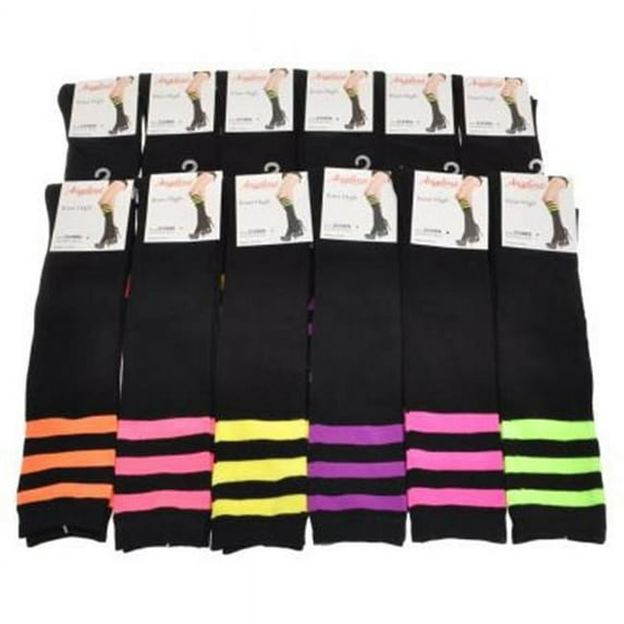 Cotton High Knee Socks with Neon Stripes, Black