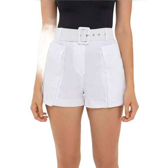 Cotton High-Waist Shorts with Pocket and Belt Detail