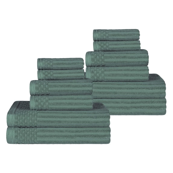 Cotton Highly Absorbent 12-Piece Solid and Checkered Border Towel Set, Basil, by Superior