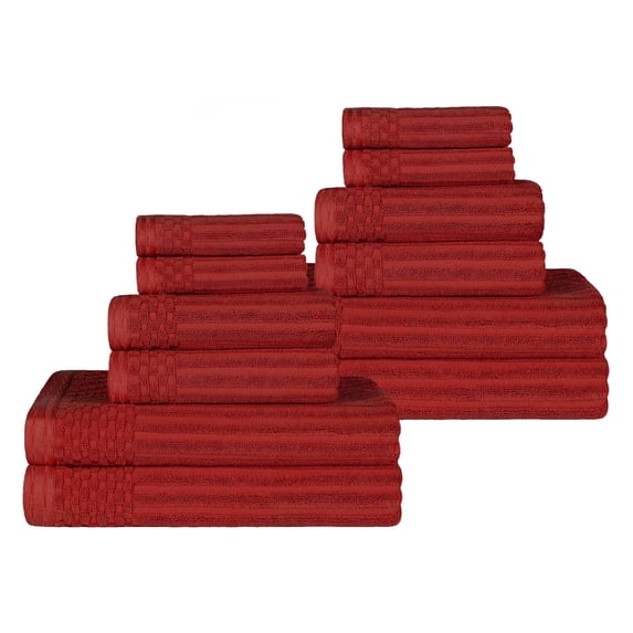 Cotton Highly Absorbent 12-Piece Solid and Checkered Border Towel Set, Burgundy, by Superior