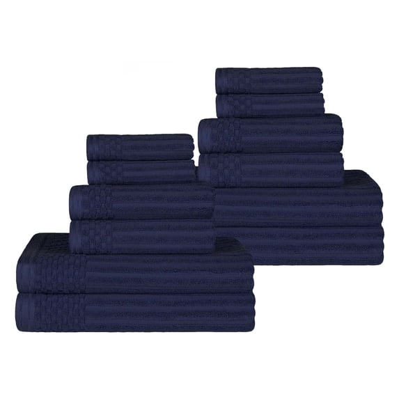Cotton Highly Absorbent 12-Piece Solid and Checkered Border Towel Set, Navy Blue, by Superior