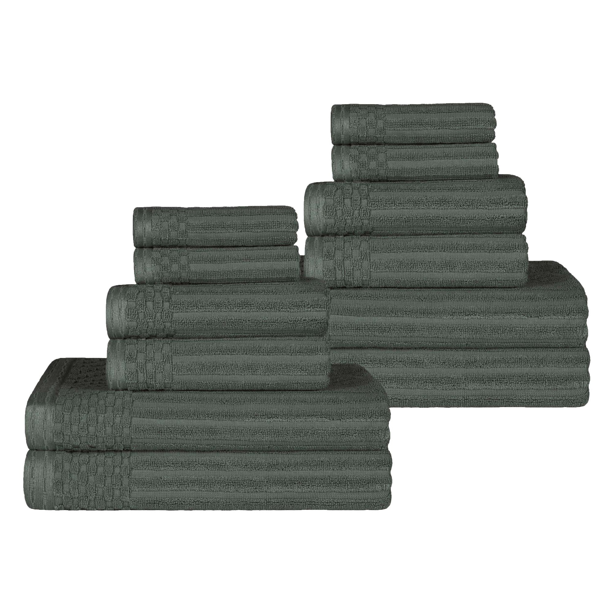 Pine Green Cotton 12-Piece Ribbed and Checkered Border Towel Set