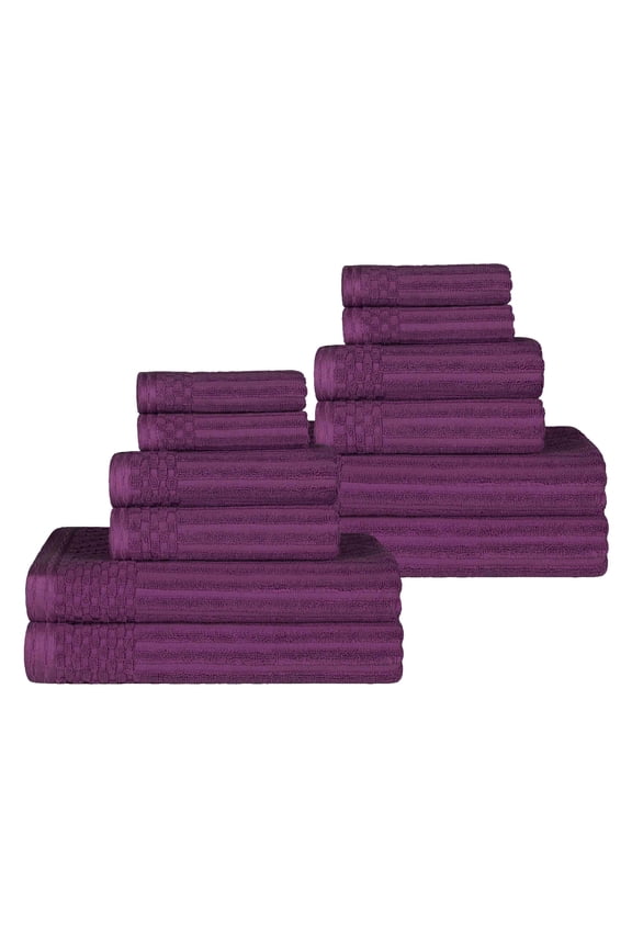 Cotton Highly Absorbent 12-Piece Solid and Checkered Border Towel Set, Plum, by Superior