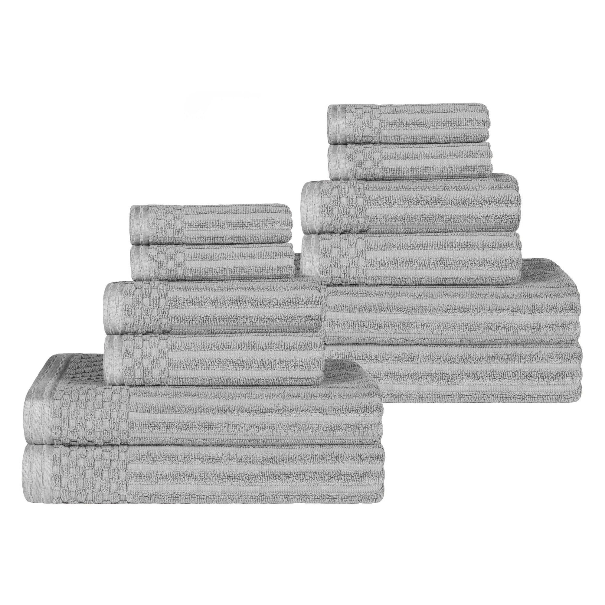 Cotton Highly Absorbent 12-Piece Solid and Checkered Border Towel Set, Silver, by Superior