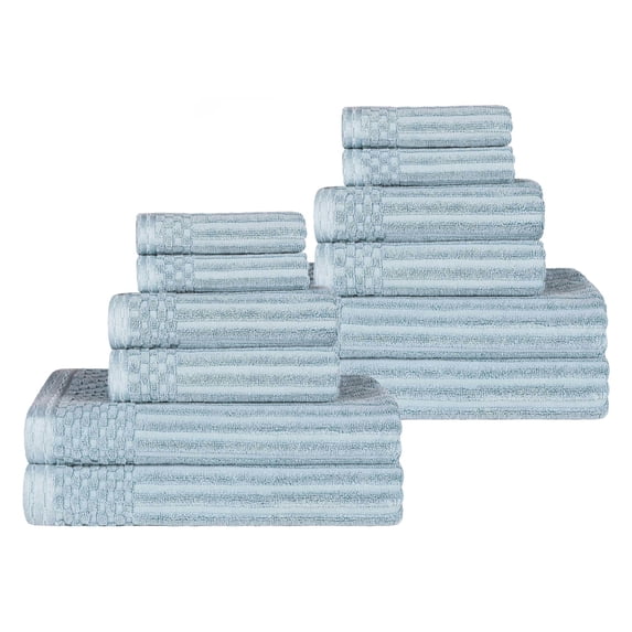 Cotton Highly Absorbent 12-Piece Solid and Checkered Border Towel Set, Slate Blue, by Superior