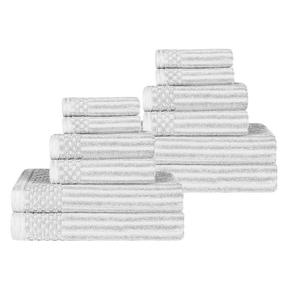 Cotton Highly Absorbent 12-Piece Solid and Checkered Border Towel Set, White, by Superior