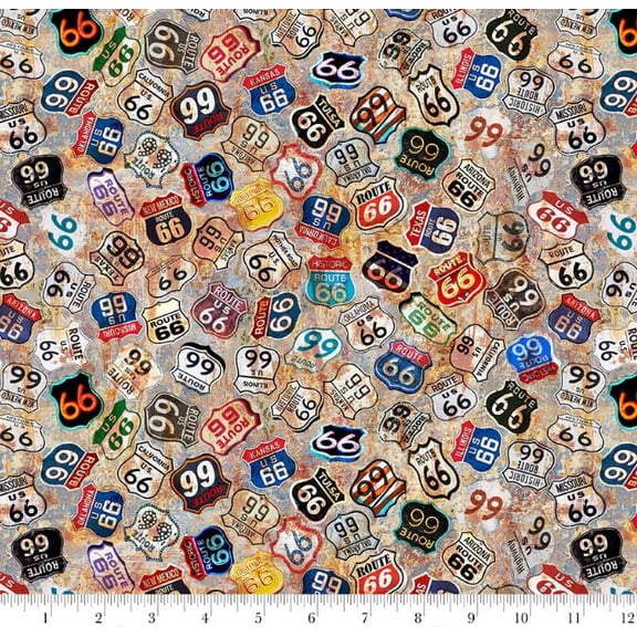Cotton Historic Highway Route 66 Signs American Directions Routes Roads Blank Quilting Cotton Fabric Print by the Yard (4479-95)