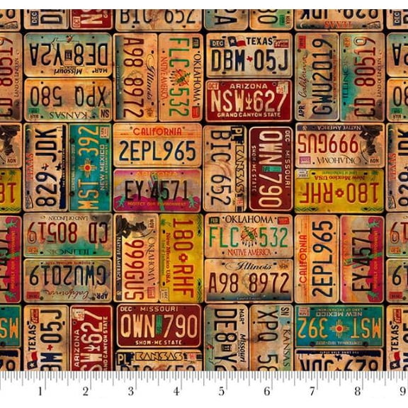 Cotton Historic Highway State License Plate Rustic Travel Roads Blank Quilting Cotton Fabric Print by the Yard (4476-33)