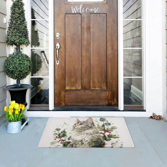 Cotton Holly Around Cute Cat Christmas Doormats Welcome Mats Gate Pads Entryway Outdoor 32" x 20"