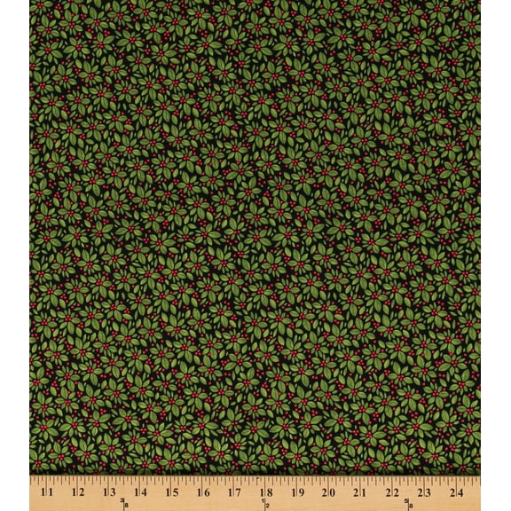 Cotton Holly Berries Allover Leaves Holiday Christmas Winter Snow Merry Black Cotton Fabric Print by the Yard (5695-96)