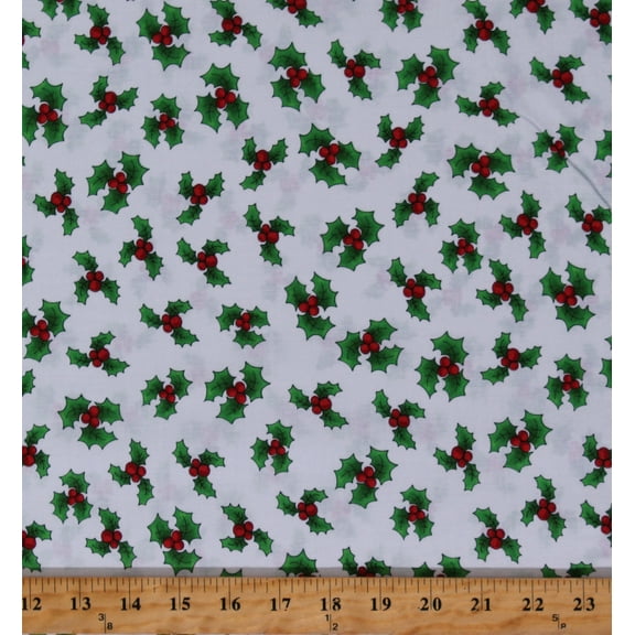 Cotton Holly Berries Leaves Greenery Christmas Holiday Seasonal Winter White Cotton Fabric Print by the Yard (692-407)