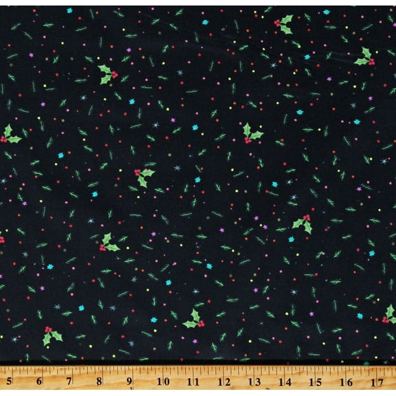 Cotton Holly Berries Leaves Greenery Festive Christmas Holiday Winter Jingle Pals Black Cotton Fabric Print by the Yard (AKFD-22603-182LICORICE)