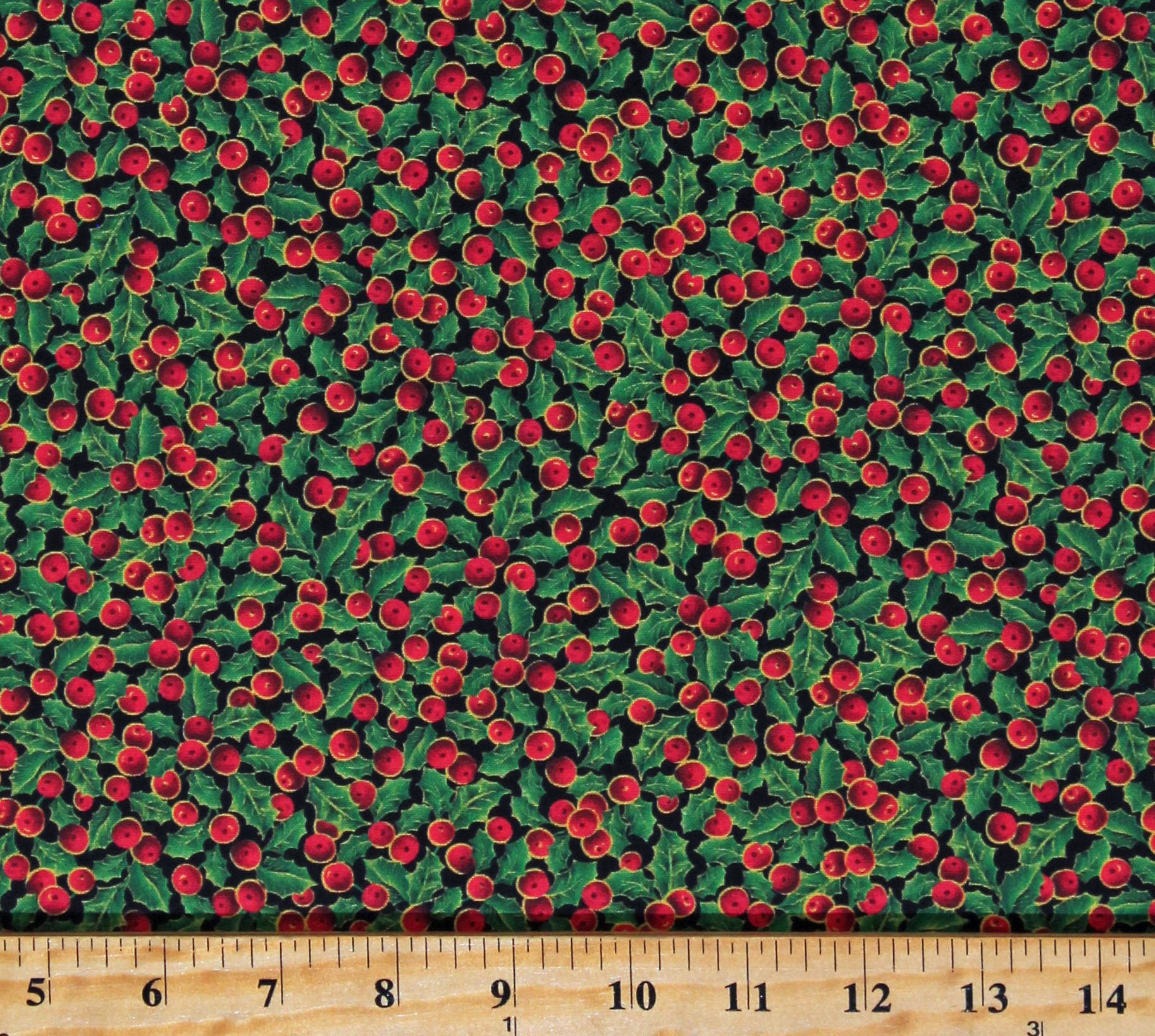 Cotton Holly Berry Leaves Berries Christmas Holidays Lavish Poinsettias Black Cotton Fabric Print by the Yard (1649-28942-J)
