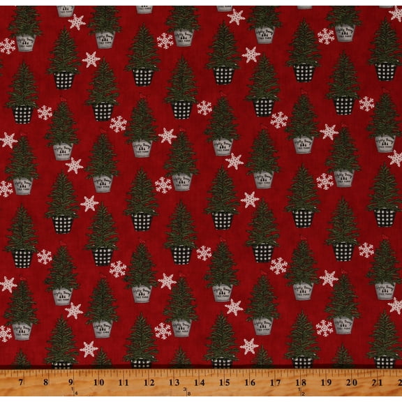 Cotton Holly Berry Tree Farm Pine Trees Snowflakes Snow Cardinals Christmas Winter Red Cotton Fabric Print by the Yard (56033-12)