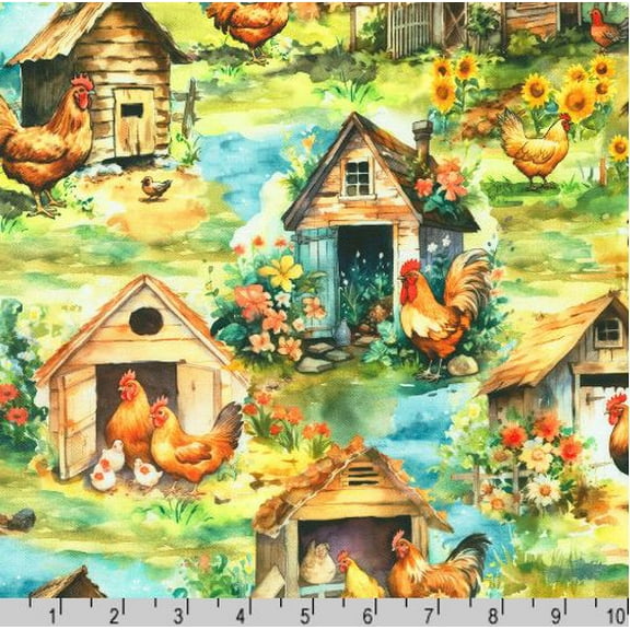 Cotton Home To Roost Chicken Coops Country Living Rooster Sunflowers Robert Kaufman Cotton Fabric Print by the Yard (SRKD-23169-276-COUNTRY)