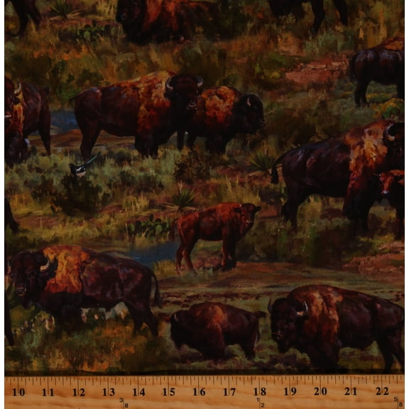 Cotton Home on the Range Buffalo Scenic Animals Prairie Bison Fields Pastures Green Cotton Fabric Print by the Yard (DP25552-78)