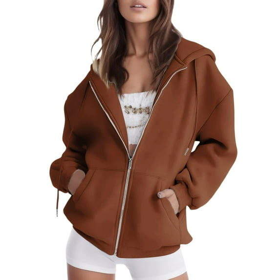 Cotton Hoodie Jackets for Women Full Zip Up Plain Hooded Sweatshirt Jacket with Pockets Casual Loose Sports Coats (Large, Coffee)