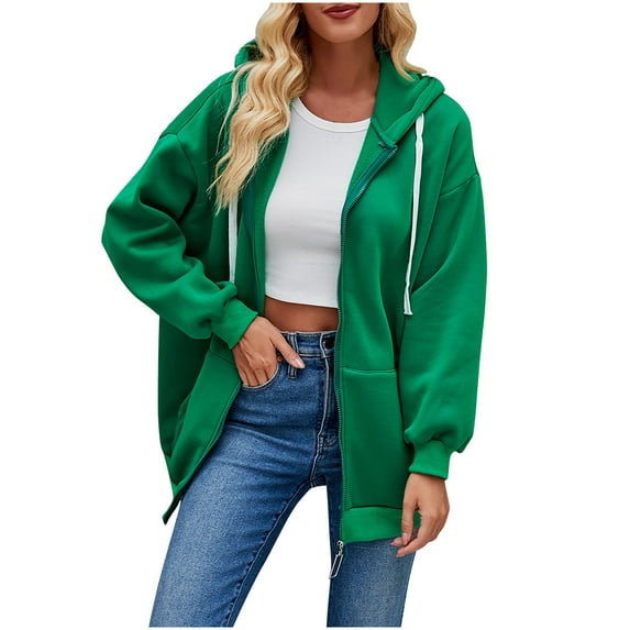 Cotton Hoodie Jackets for Women Full Zip Up Plain Hooded Sweatshirt Jacket with Pockets Casual Loose Sports Coats (Large, Green)