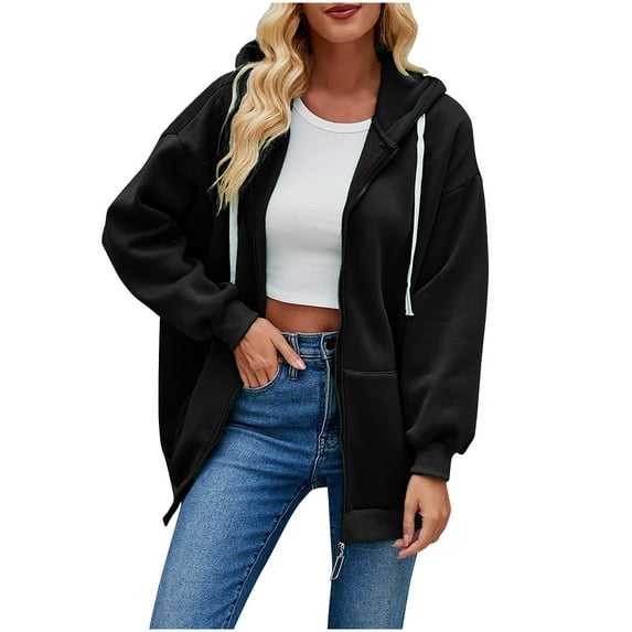 Cotton Hoodie Jackets for Women Full Zip Up Plain Hooded Sweatshirt Jacket with Pockets Casual Loose Sports Coats (X-Large, Black)