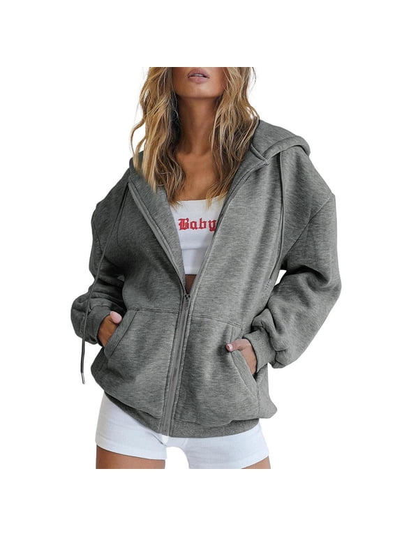 Cotton Hoodie Jackets for Women Full Zip Up Plain Hooded Sweatshirt Jacket with Pockets Casual Loose Sports Coats (X-Large, Dark Gray)