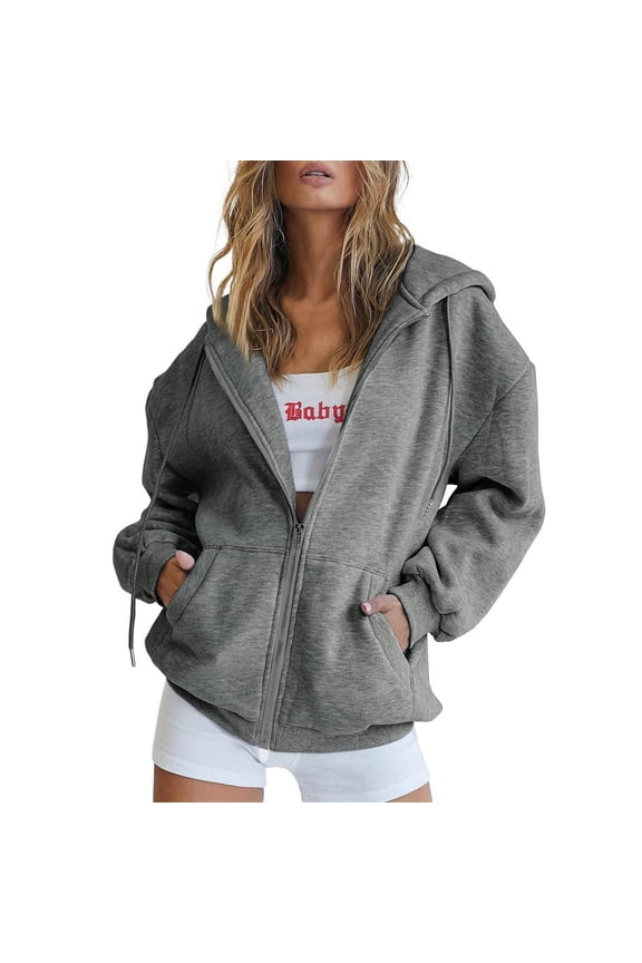 Cotton Hoodie Jackets for Women Full Zip Up Plain Hooded Sweatshirt Jacket with Pockets Casual Loose Sports Coats (X-Large, Dark Gray)