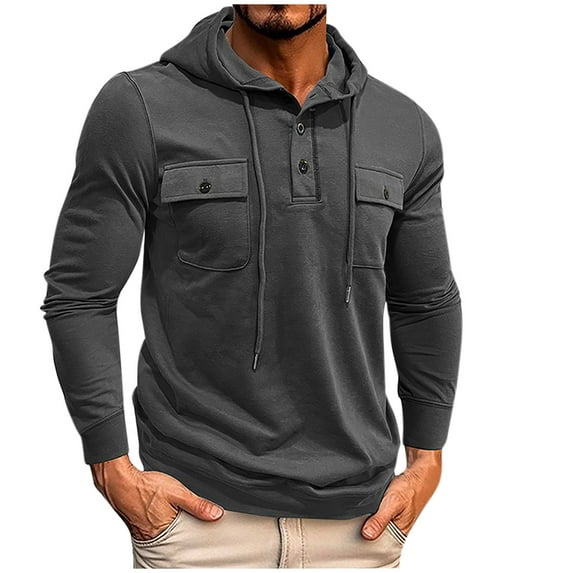 Cotton Hoodies Men Cargo Sweatshirts Button Down Drawstring Pullover Hooded Loose Fit Casual Long Sleeve Sweatshirt Lightweight Active Hoodie