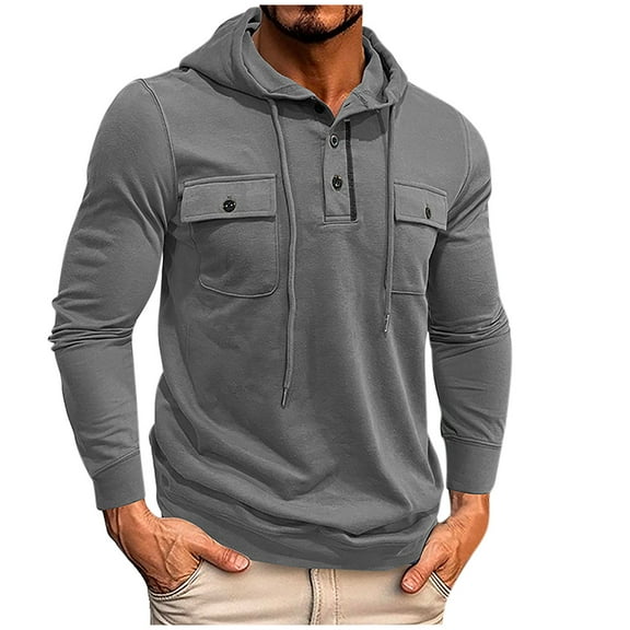 Cotton Hoodies Men Cargo Sweatshirts Button Down Drawstring Pullover Hooded Loose Fit Casual Long Sleeve Sweatshirt Lightweight Active Hoodie