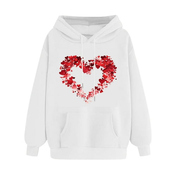 Cotton Hoodies Women Heart Print Drawcord Pullover Hooded Sweatshirts I Love My Girlfriend Valentine's Day Gifts (L, White 01)