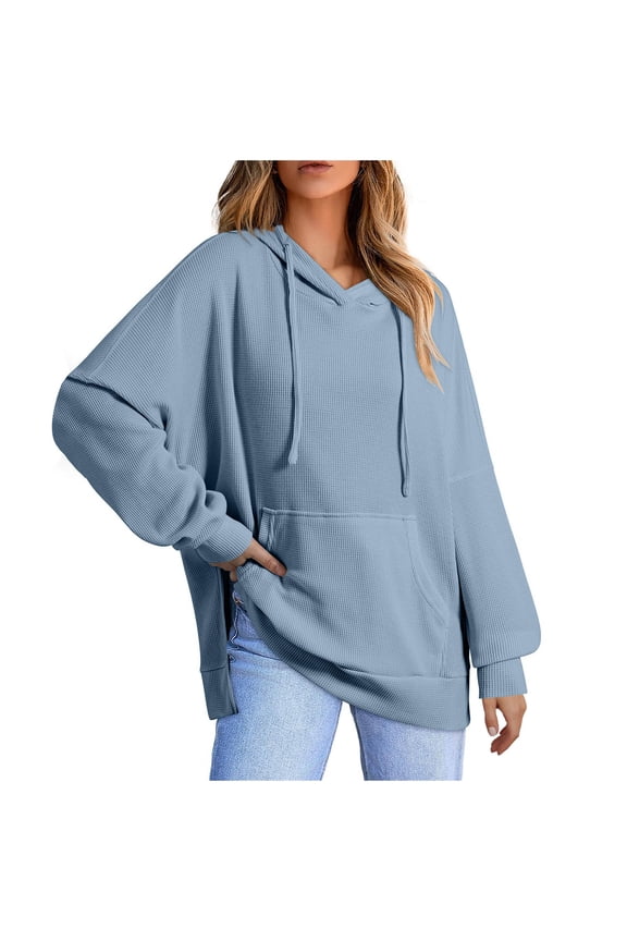 Cotton Hoodies Womens Trendy Waffle Textured Sweatshirts Oversized Solid Pullover Hooded Tops Front Pocket (L, Blue 01)