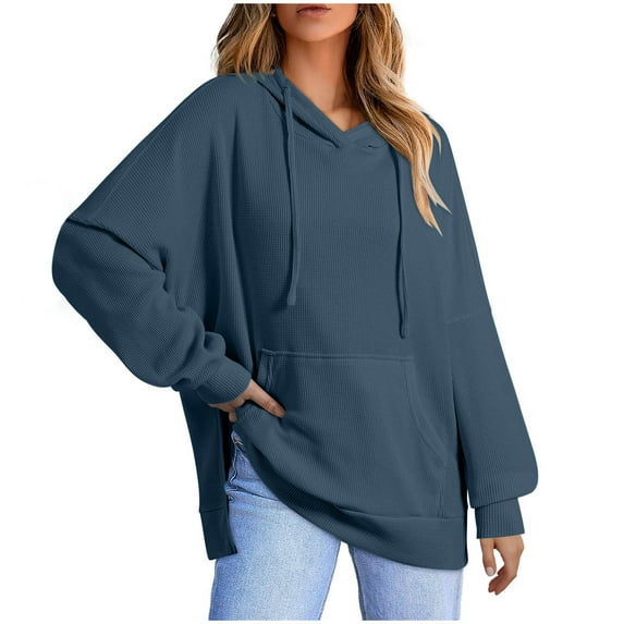 Cotton Hoodies Womens Trendy Waffle Textured Sweatshirts Oversized Solid Pullover Hooded Tops Front Pocket (S, Blue)